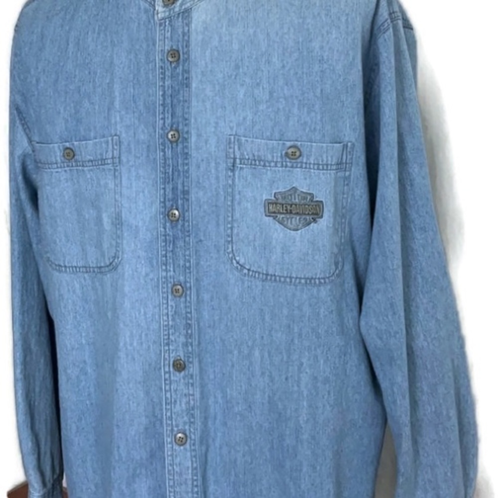 Vintage Harley Davidson Men’s Mandarin Collar Long Sleeve Shirt in Denim Blue - Picture 2 of 12